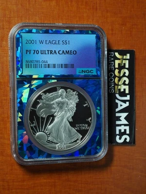 2001 W Proof Silver Eagle NGC PF70 Ultra camafeo núcleo de lámina de prisma azul Foto 1 de 2
