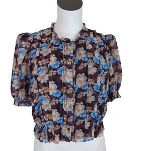 Aritzia Wilfred Top Damen Med Mansfield transparent Blumen Kurzarm Rüschen Bluse - Bild 1 von 13