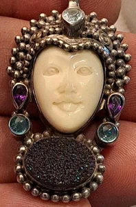 SAJEN Sterling Silver Multi Gemstone MOONFACE GODDESS 2 1/8" Necklace Pendant - Picture 1 of 6