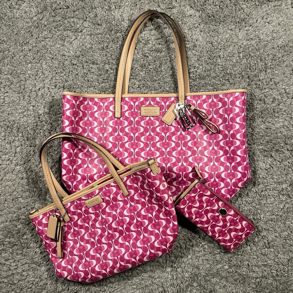 Bolso de Mano Coach Peyton Park Dream C Grande 3 Piezas Rosa con Borde Beige Claro F25673 Foto 1 de 4