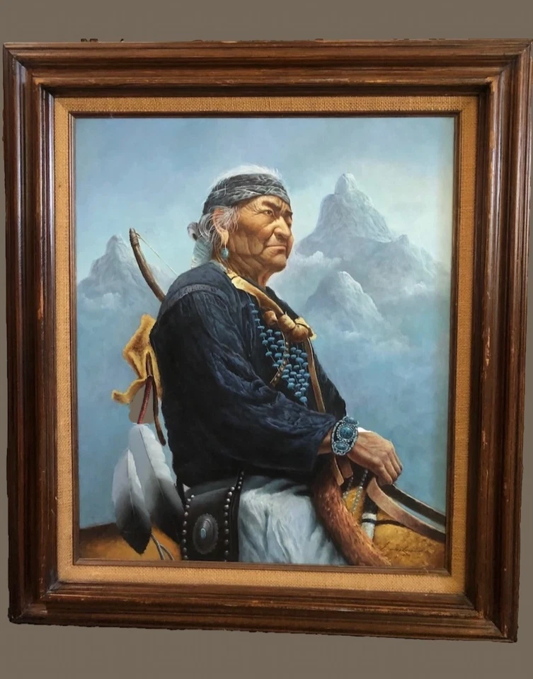 Pintura Original Enmarcada al Óleo Firmada por Z. García Jefe Nativo Americano a Caballo Foto 1 de 4