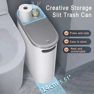10L Slim Bathroom Trash Can | Space-Saving Silent Garbage Bin with Storage Top - Image 1 of 4