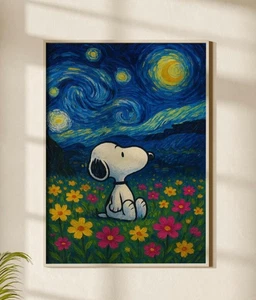 Snoopy Starry Night Poster, Van Gogh Style Wall Art, Cute Dog Print Decor - Picture 1 of 5