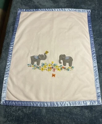 Baby Blanket Satin Trim Hand Made Embroidered Baby Elephants Flowers Butterflies - Image 1 of 4