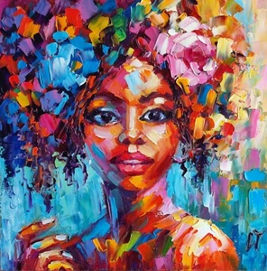 original oil painting Colorful portrait Girl artwork Woman wall art 10*10 inch - Picture 1 of 9