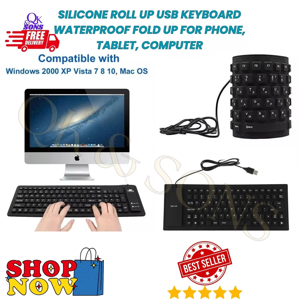 New SILICONE ROLL UP USB KEYBOARD WATERPROOF FOLD UP FOR PHONE, TABLET, COMPUTER - Image 1 of 4
