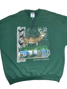 Vintage Deer Graphic 1/4 Zip Sweatshirt Mens Green Hunting Whitetail Buck - Picture 1 of 7
