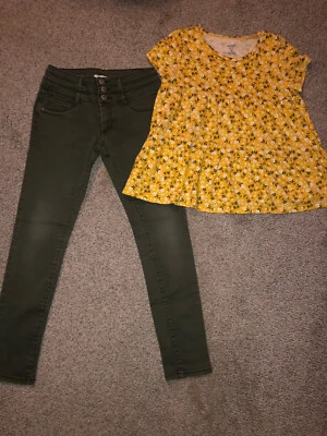 Mudd девочки оливковый зеленый эластичной узкие джинсы размер 12 Carter's желтая зеленая рубашка - Изображение 1 из 3