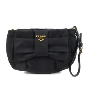 Auth PRADA Logo Ribbon Cosmetic Pouch Black Nylon Leather 1N1422 Used - Picture 1 of 22