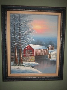 Framed Signed K. Michaelson Oil Painting Covered Bridge Barn River Winter Scene - Picture 1 of 7