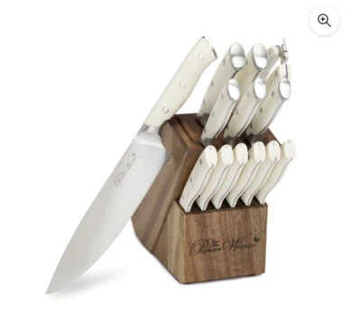 The Pioneer Woman Frontier 14 Pc Forged Cutlery Knife Block Set Linen Ivory NEW