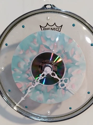 10" Drum Skin & Ring - Clock w/ Pink and Teal 45 rpm Marbled record and Mp3 Cover