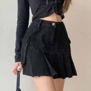 Lady Denim Pleated Skirt Punk Gothic Pocket High Waist A Line Short Harajuku - Picture 1 of 11