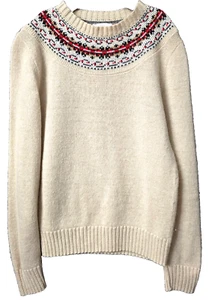 Vintage Wool Fair Isle Sweater 10 12 Kids Knit Christmas Ski Red Beige 70s Sears - Picture 1 of 5