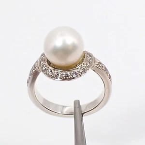 Genuine 925 Sterling Silver 9mm Round White Pearl and CZ Gemstone Dress Ring - Picture 1 of 14