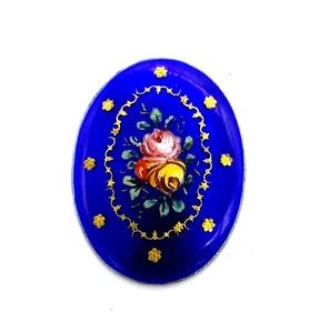 Antike ovale kobaltblaue Emaille & Gold Blume florales Design Plakette 23,5 mm #B62 - Bild 1 von 2