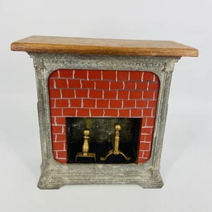 Vintage Dollhouse Wooden Fireplace Gray Metal with Red Brick Base and Andirons - Picture 1 of 10