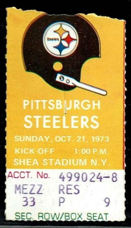 Boleto de los Jets de Fútbol 1973 Steelers Franco Harris 102 Yds TD #12 Joe Greene Sack Foto 1 de 1
