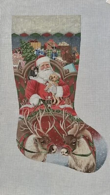 Liz Goodrick Dillon Hand Painted Needlepoint Canvas Stocking Santa’s Sleigh 21” - Image 1 of 4