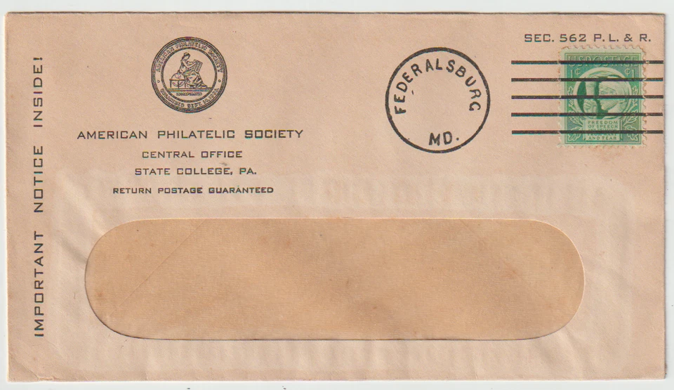 US 1944 APS American Philatelic Important Notice Inside Cover Federalsburg MD. - Image 1 of 1