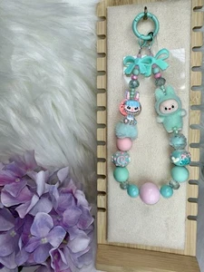 Teal & Pink Fluffy Labubu Handmade Phone Chain Hand-Painted Beads, & More! - Photo 1 sur 8