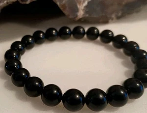 7.8" 8 MM UNISEX NATURAL POLISHED BLACK GENUINE BALTIC AMBER STRETCH BRACELET - Picture 1 of 5