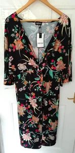 CurveWow 20 Schwarz Multi Blumen Weich Stretch Midikleid Orientalisch Twist Detail Neu - Bild 1 von 12