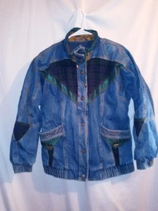 80s Current Seen Denim Jean Jacket Coat Tartan Plaid Accents Size Medium - Picture 1 of 11