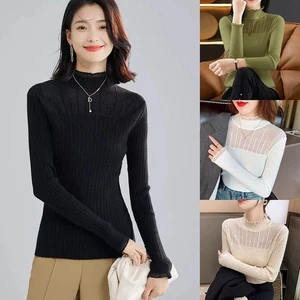 Lace Mock Neck Women's Top Soft See Through Knitwear Autumn Winter Style - Picture 1 of 20