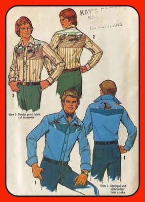 Mens Western SHIRT Sewing Pattern w Applique Simplicity 7465 Vtg 1976 Sz 34-36 - Image 1 of 4