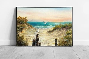 Serene Coastal Landscape: Framed Oil Painting of Beach Dunes with Seagulls - - Picture 1 of 10