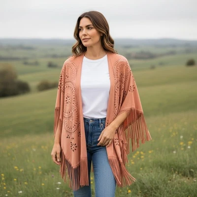 Chicos Willow Ruana With Fringe Womens One Size Peach Topper Western Cowgirl NEW - Image 1 of 4