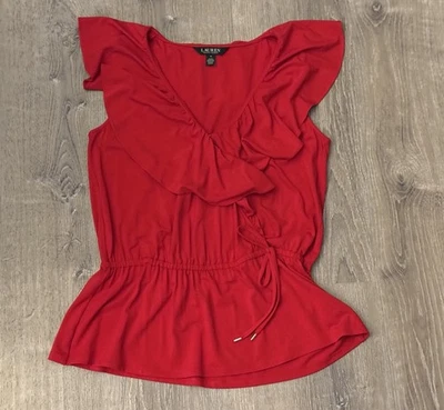 Camisa mediana Lauren Ralph Lauren etiqueta negra envolvente sintética sin mangas con volantes Foto 1 de 4