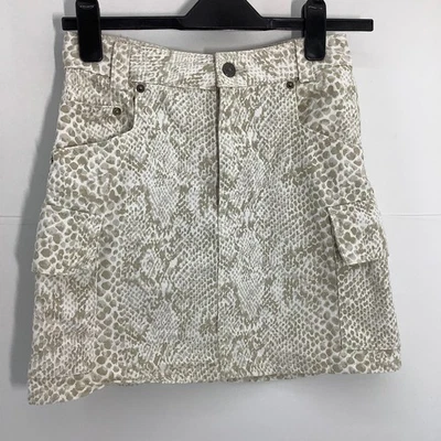 Topshop UK 6 Safari Snakeskin Print Mini Skirt Cargo Style Pockets Beige Cotton - Image 1 of 4