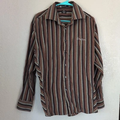 Sean John Men Long Sleeve XL Button Up Shirt Brown Green Gray Stripe 💯 Cotton - Image 1 of 4