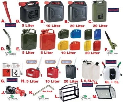 VALPRO ; PRESSOL ; HÜNERSDORFF Marken Kraftstoffkanister Benzinkanister Doppelkanister stahlblech kunststoff