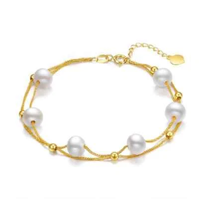 18K Gold Natural Freshwater Pearl Double layer Bracelet Bead Heart Charm - Image 1 of 4