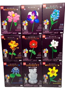 Block Tech Bouquet Flower Building Blocks Bricks Complete Set Lot Of 8 w/ Vase - Picture 1 of 11
