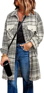 Womens plus Size Jacket Casual Long Sleeve Button up Flannel Plaid Shacket Coats - Picture 1 of 12
