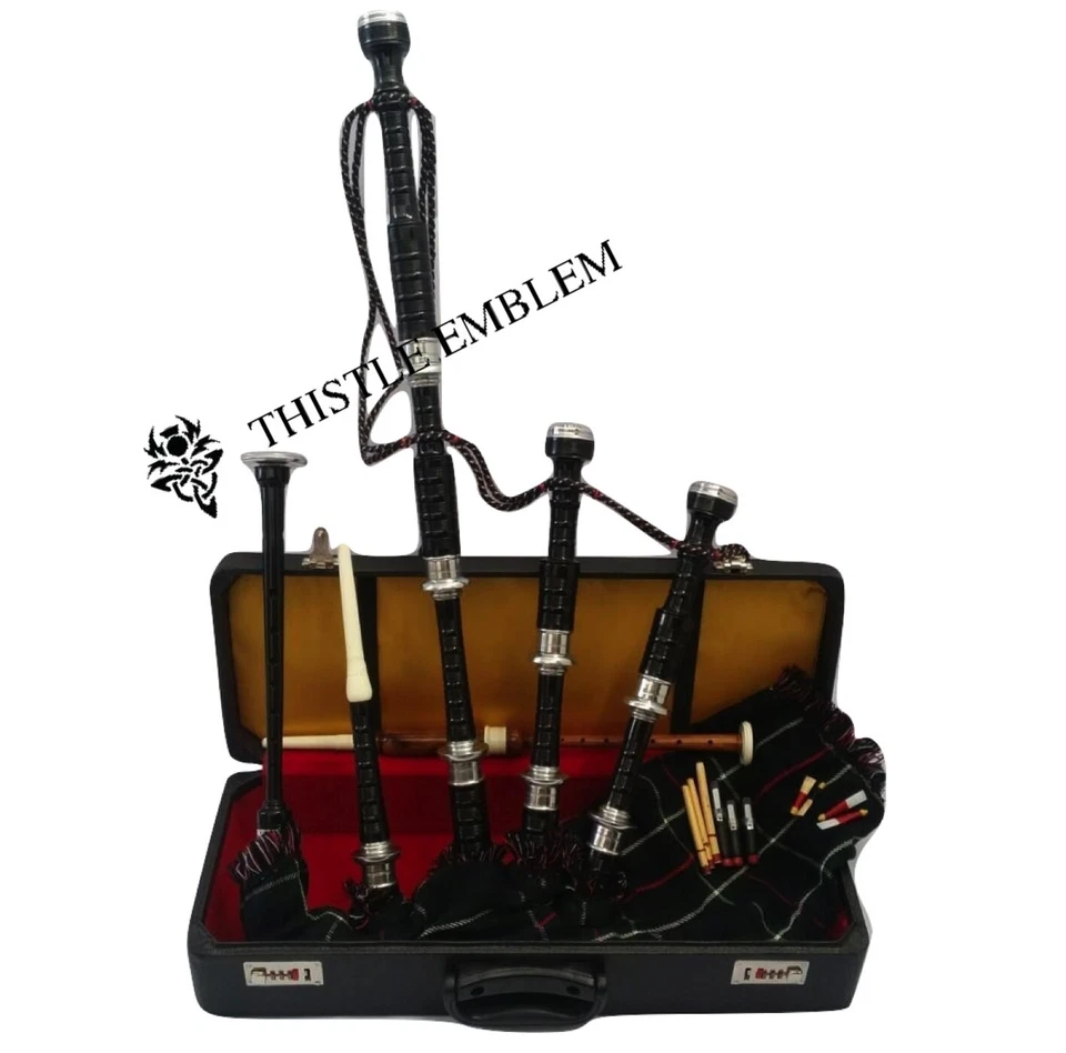 THISLE EMBLEM Great Scottish Highland Bagpipe Rosewood Black Silver Free Tutor Book Reeds