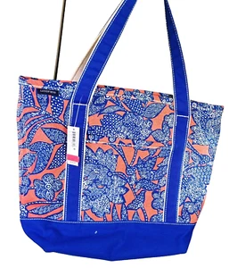 NWT Lands End Pink Blue Floral Canvas Zipper Closure Front Pocket Tote Bag Beach - Picture 1 of 5