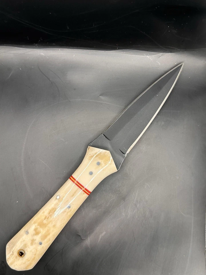 9”D2 STEEL HUNTING DOUBLE EDGE FIXED BLADE DAGGER BOOT KNIFE CAMEL BONE HANDLE - Image 1 of 4