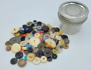 Glass Jar Full of Vintage Buttons Pink Blue Gray Black Metal - Picture 1 of 4