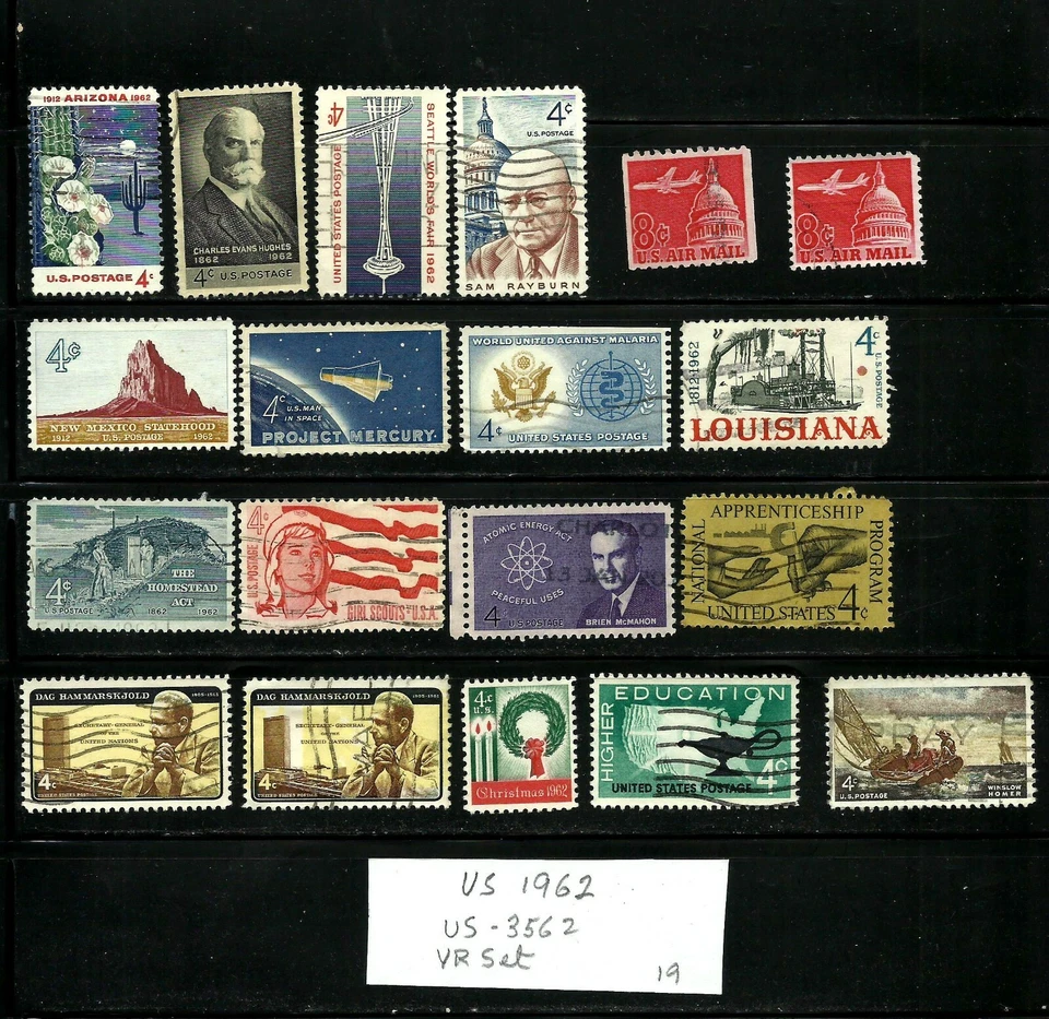UNITED STATES 1962 STAMPS, 19 Used, COMMEMORATIVE YEAR SET, PLUS Lot US-3562 - Image 1 of 1