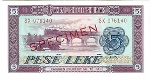 Albania 5 leke 1976, UNC Specimen, "Peoples Socialist Republik" - Picture 1 of 2