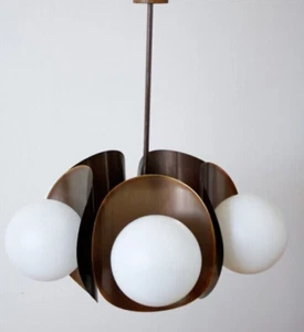 5 Light Milky Globe Sputnik Antique Brass Hanging Chandelier Stilnovo Style Lamp - Picture 1 of 5