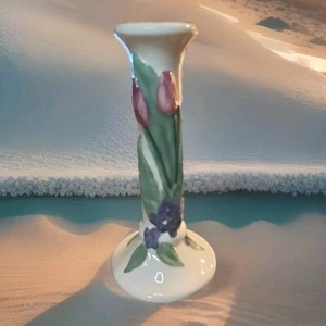 Vintage Treasure Craft Pottery Candlestick Tulip Ceramic Ivory Pink Green 8" - Picture 1 of 9