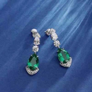 Pendiente de diamantes esmeralda natural corte redondo y pera de 3,80 quilates oro blanco de 14 quilates - Imagen 1 de 5