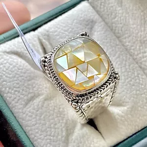 SARDA Sterling Silver 925 Golden Mother of Pearl Mosaic Square Ring Size 12 - Picture 1 of 22