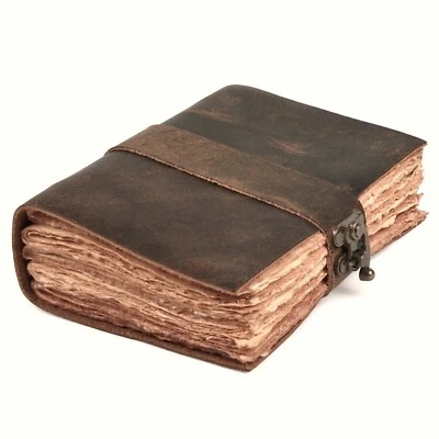Leather Bound Journal with Antique Lock Closure - 200Pages Handmade Deckle Paper - Image 1 of 4